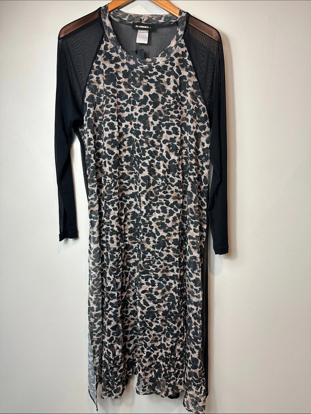 NWT Alembika Wildcat Black Leopard Sheer Crinkle Stretch Mesh Tunic Top Size Med - Picture 2 of 10